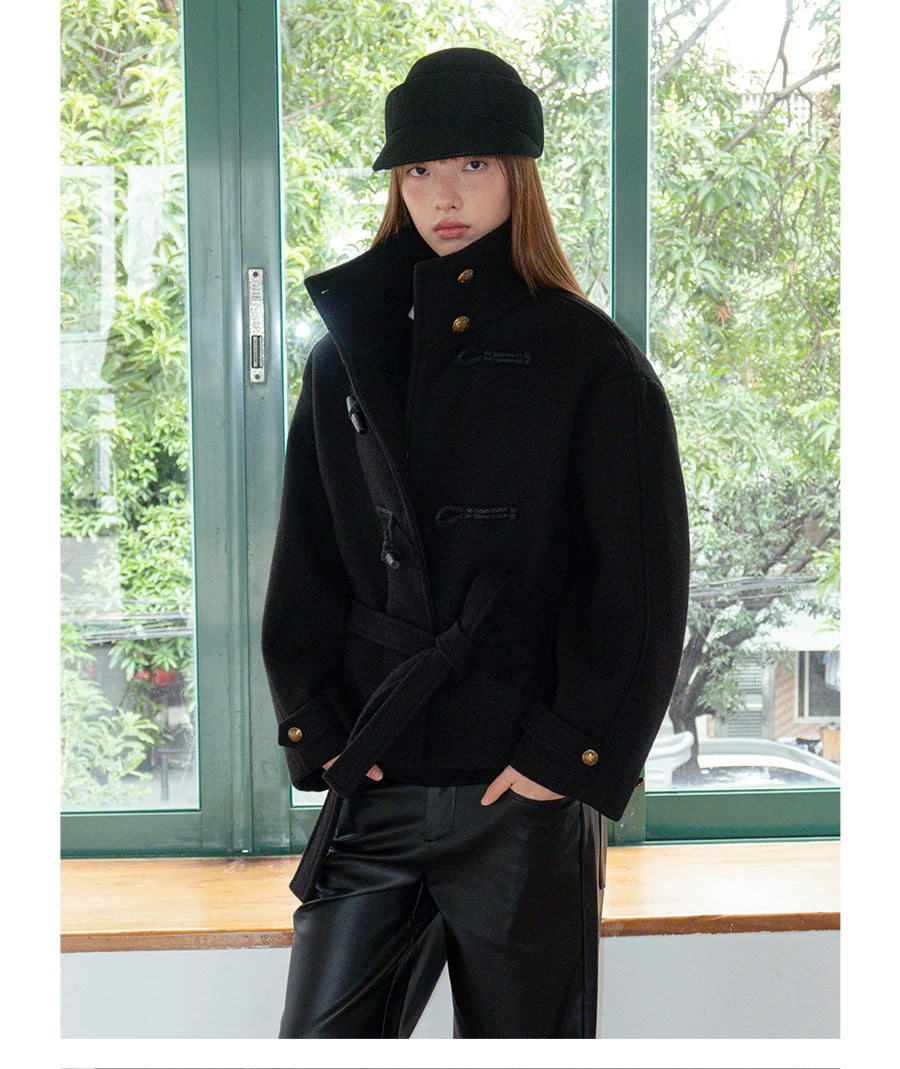 FUNKYFUN Strap-on Stand-up Collar Tweed Coat