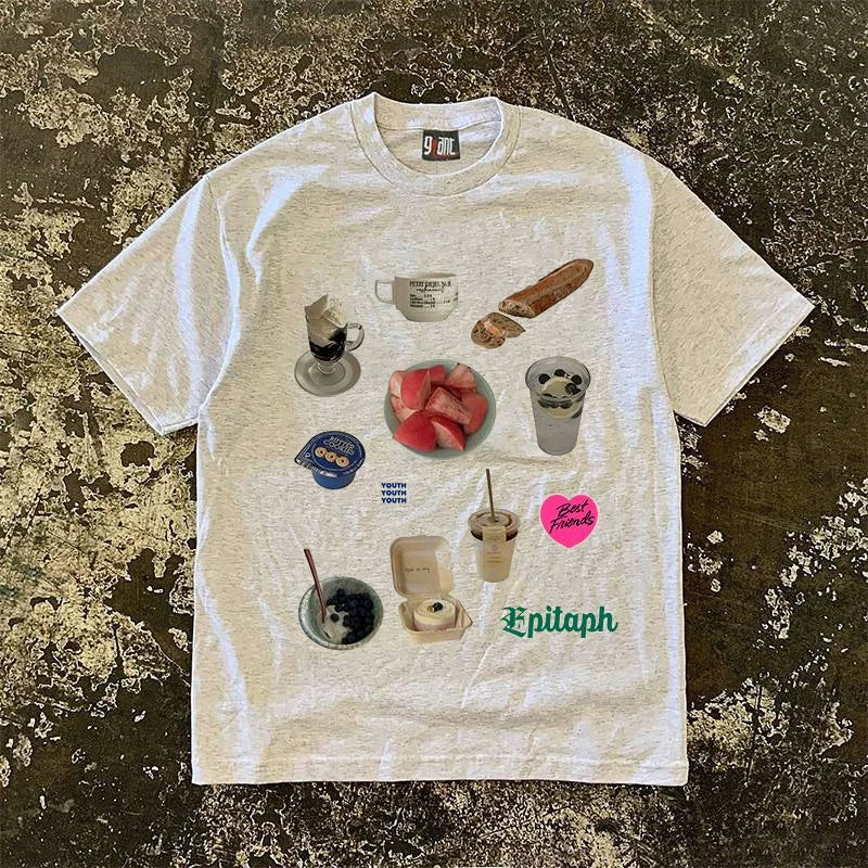 UPUPXIA Snack Splicing Print Oversize Casual Tee