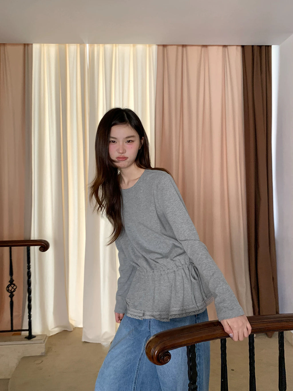 Kano Waist Strap Drawstring Loose Crew Neck Long Sleeves
