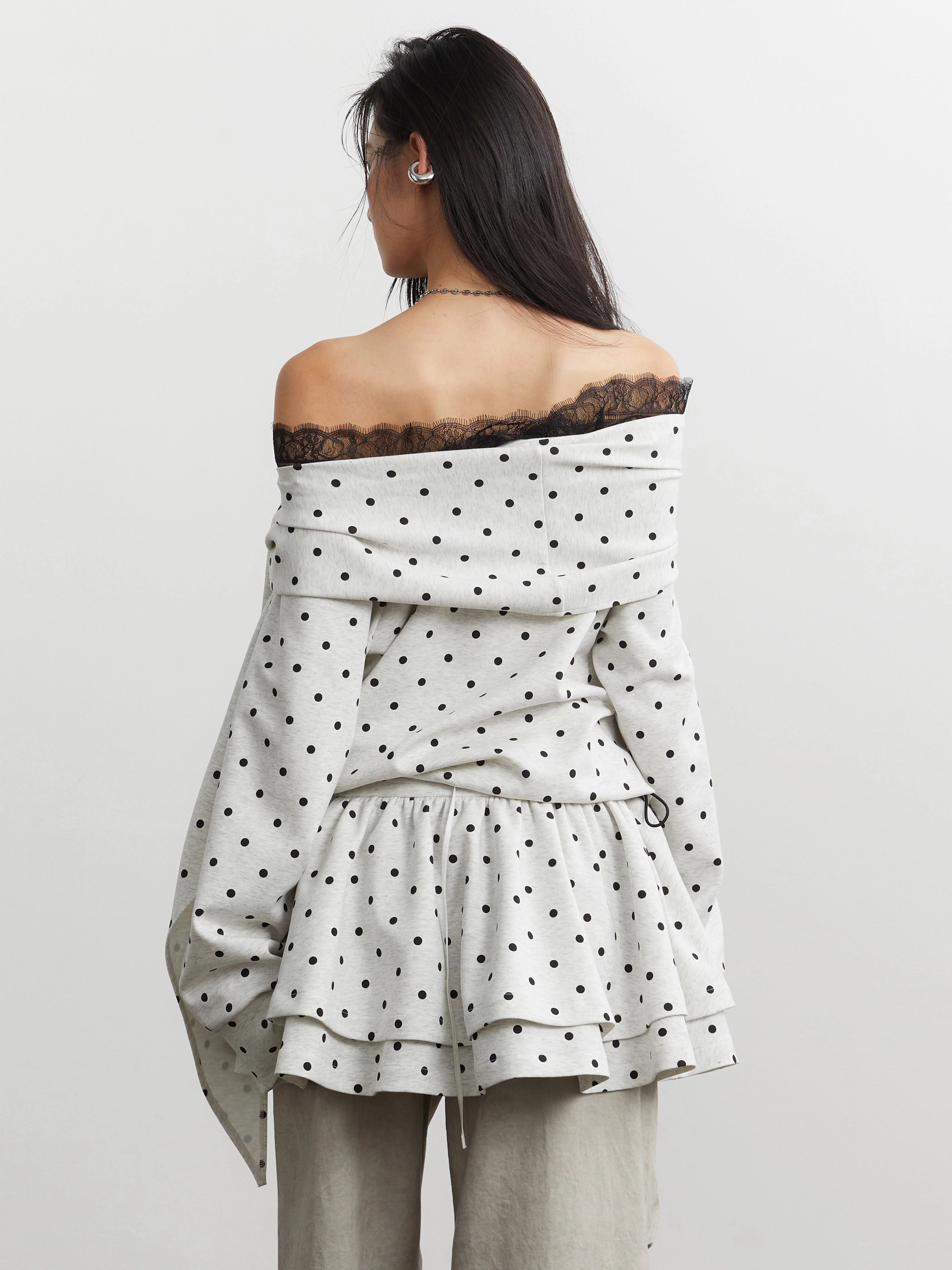 JNYLON Strappy Off-the-shoulder Polka Dot Sweater
