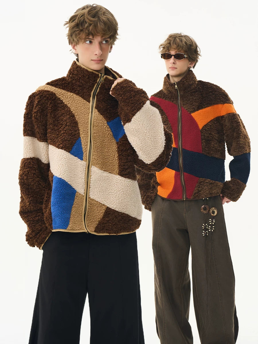 CNEW Retro Lamb Wool Spliced Loose Thermal Jacket