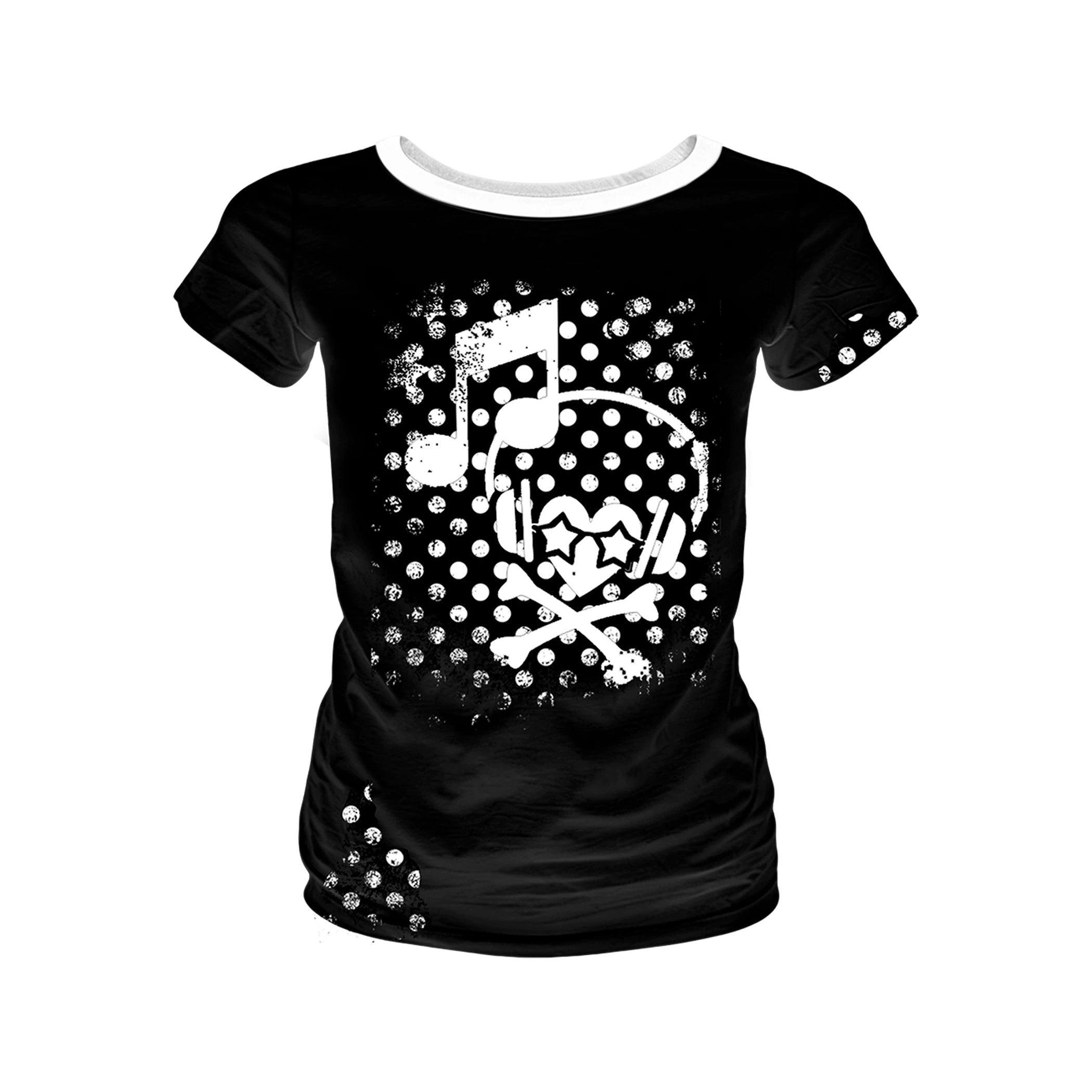 PAIKI Headphones Skull Polka Dot Round Neck Front Shoulder Slim Tee