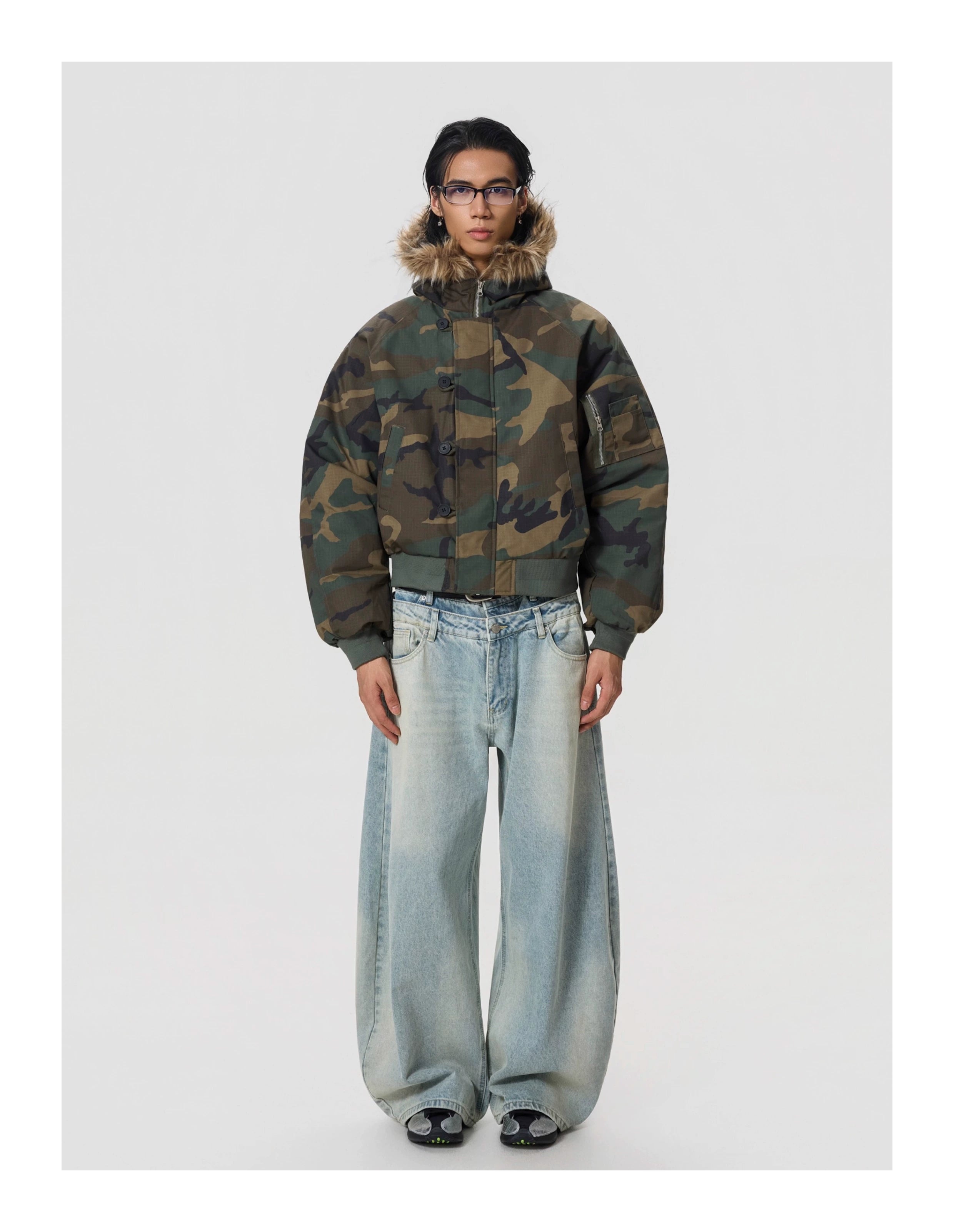 BTSG Camouflage Fur Collar Zip Jacket Cotton