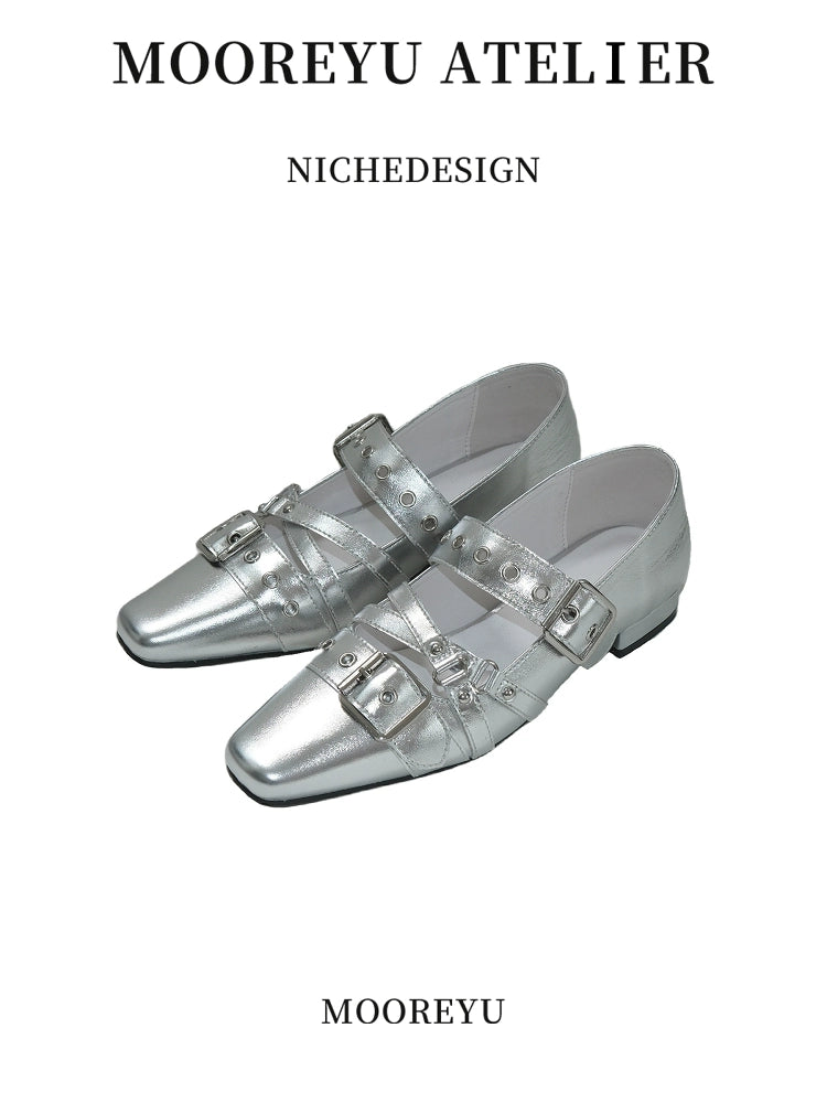 Mooreyu Small Square Head Rivet Ballet Flats