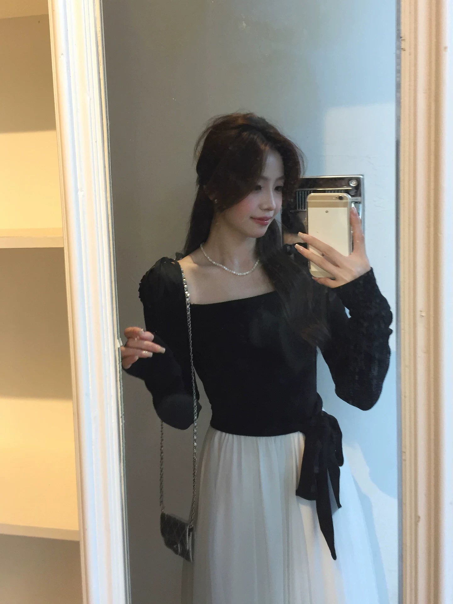 Even Square Collar Daughter Pinched Waist Thin Dress