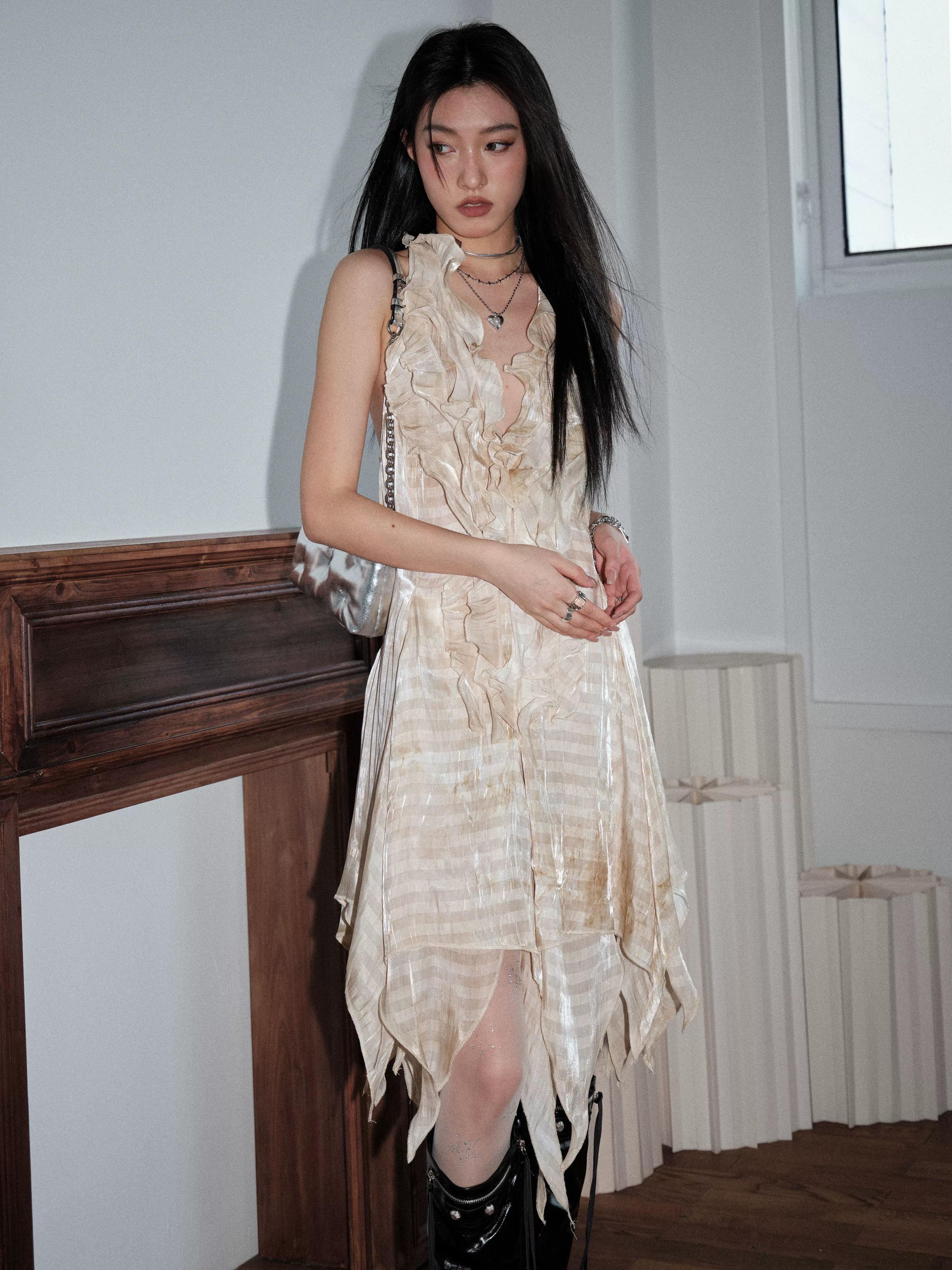 JNYLON Tie-dye Halter-neck Backless Irregular Dress