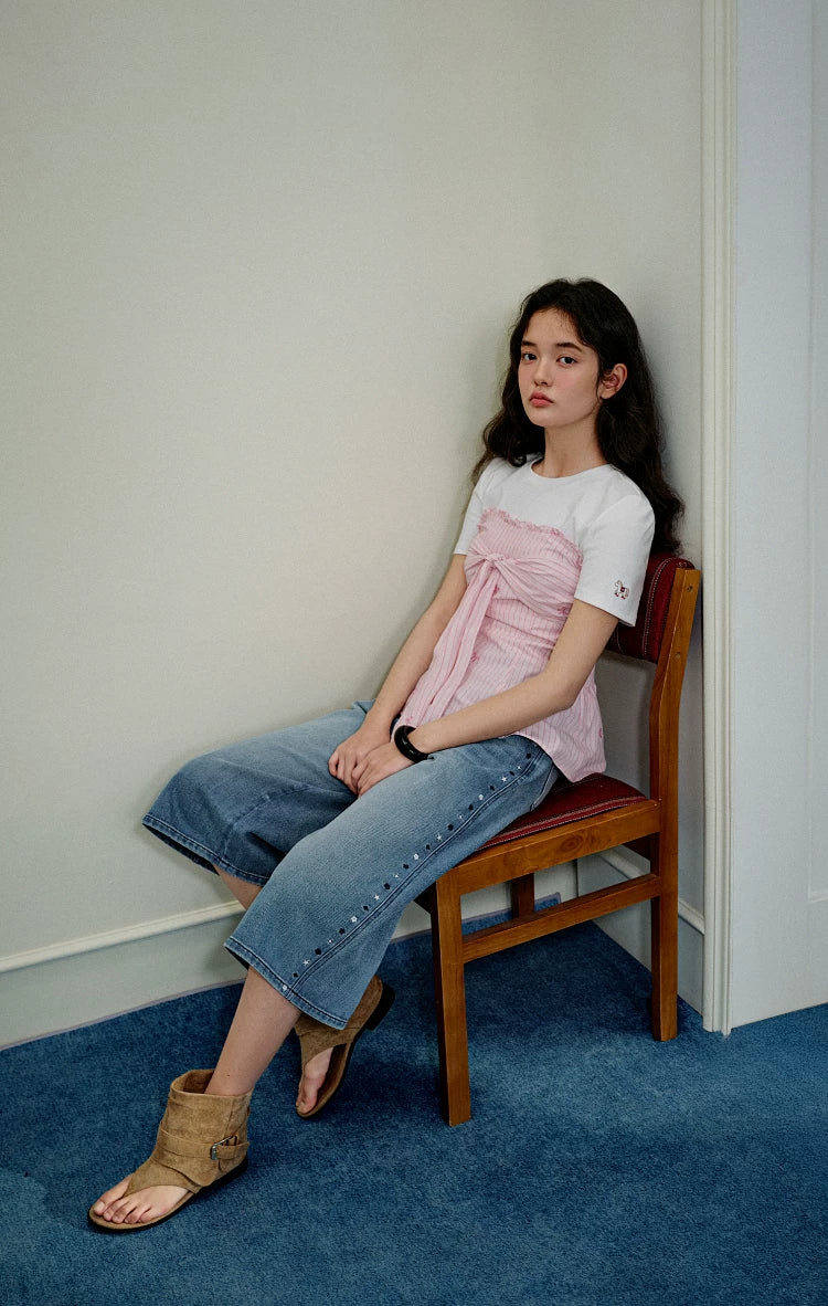 Kuose Striped Suspender Casual Pants Two-piece Set