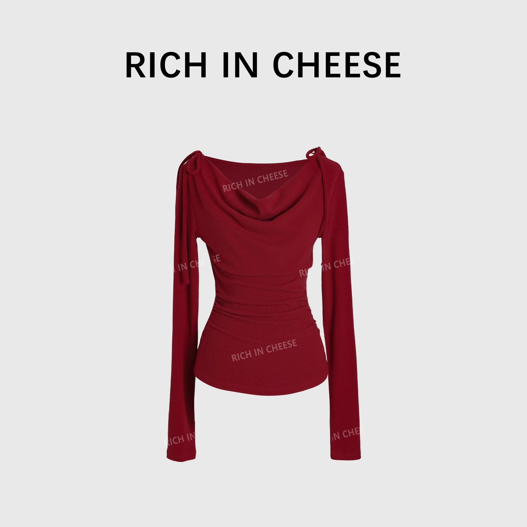 RICH IN CHEESE Swing Neck Knitted Waist Long Sleeve