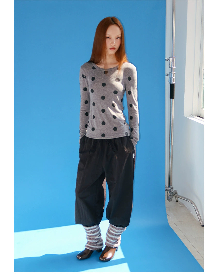 FUNKYFUN Full Printed Polka Dot Printed Elastic Front Shoulder Long Sleeve