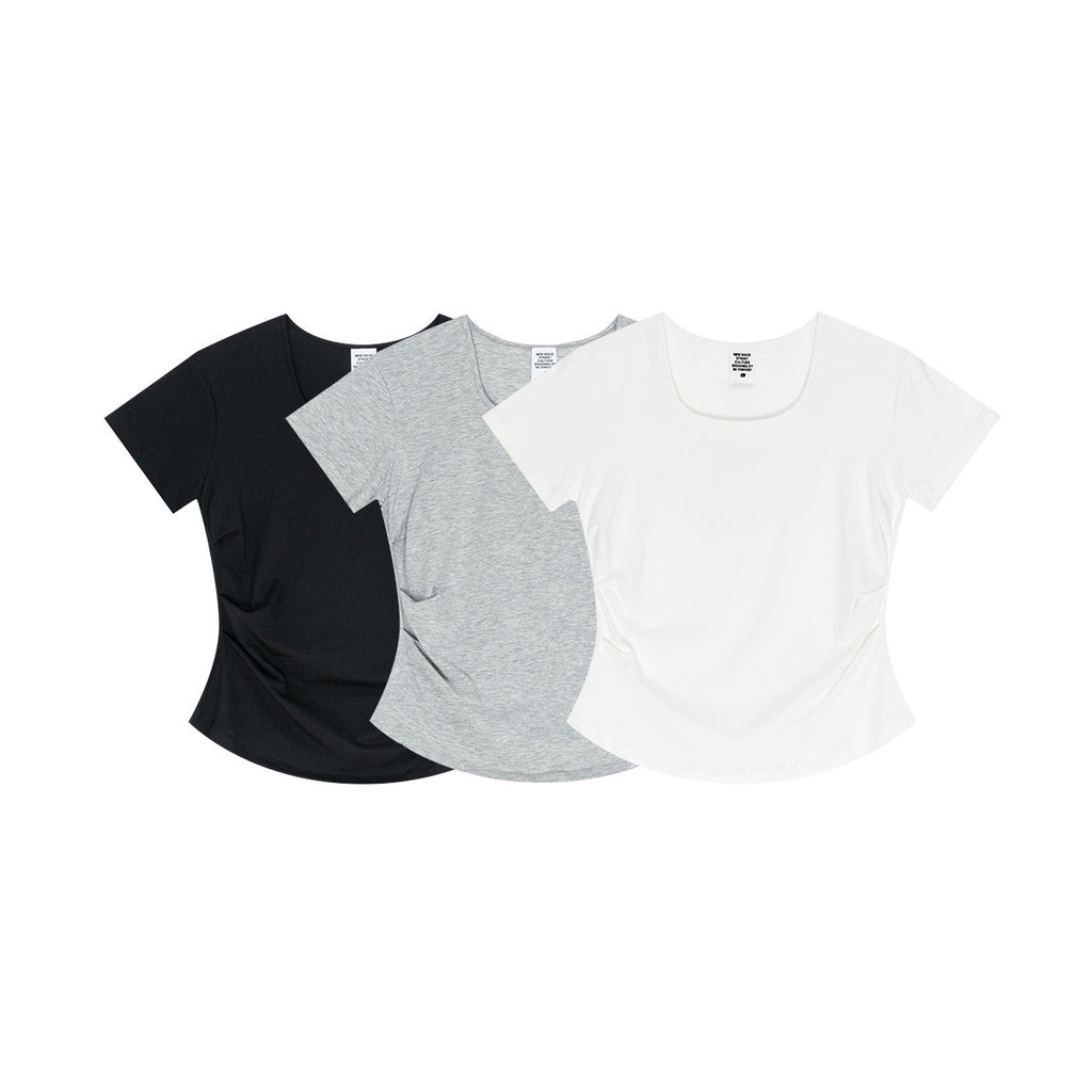 BE women's  Solid Color Square Neck Short Sleeve Waist Slimming Top