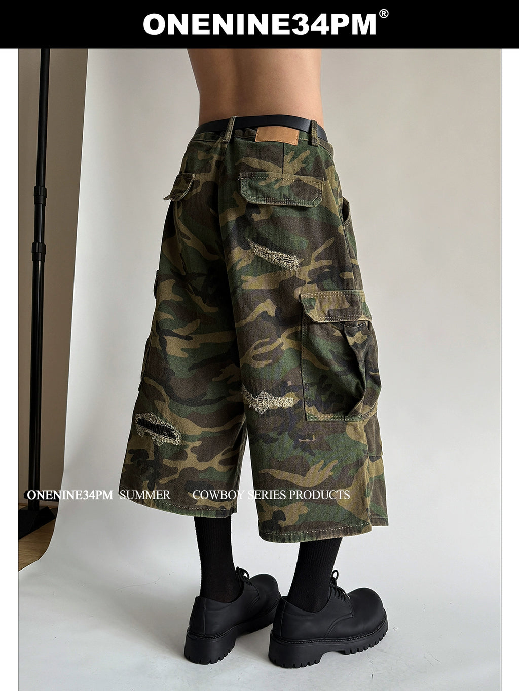 ONENINE34PM Retro Ripped Seven-point Camouflage Overalls