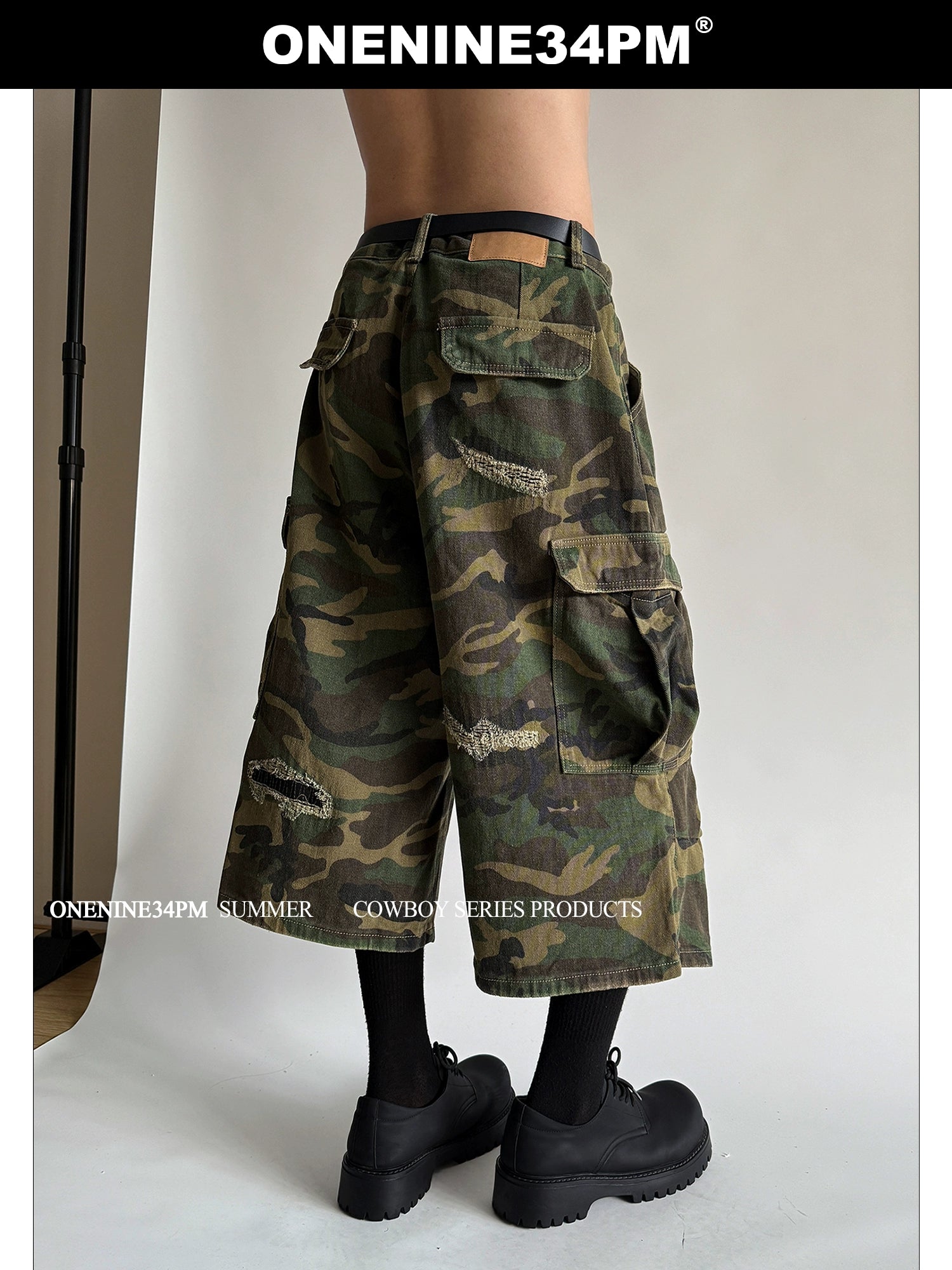 ONENINE34PM Retro Ripped Seven-point Camouflage Overalls