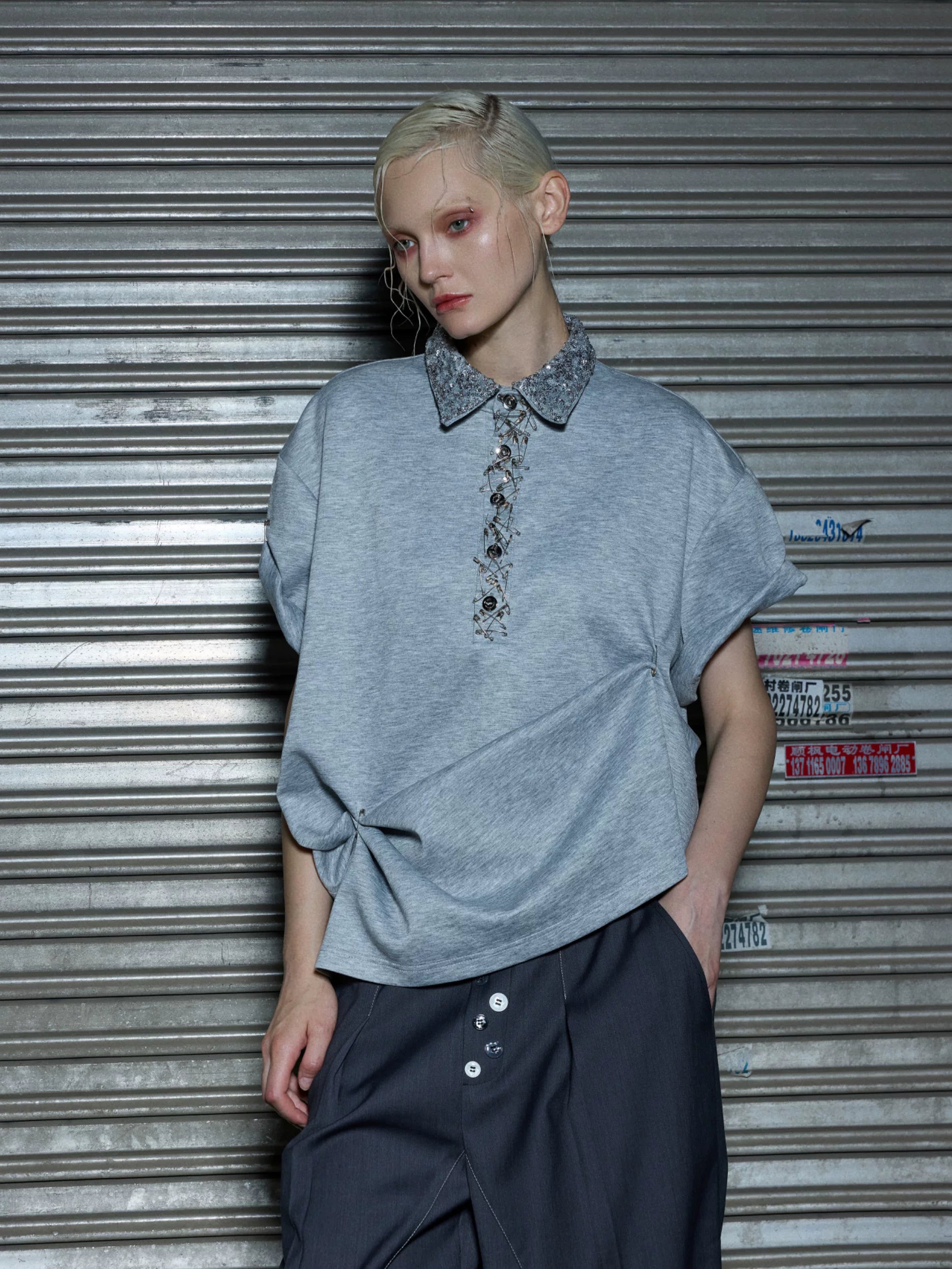 ArguECulturE Niche Sequined Square Neck Loose Polo Shirt Tee