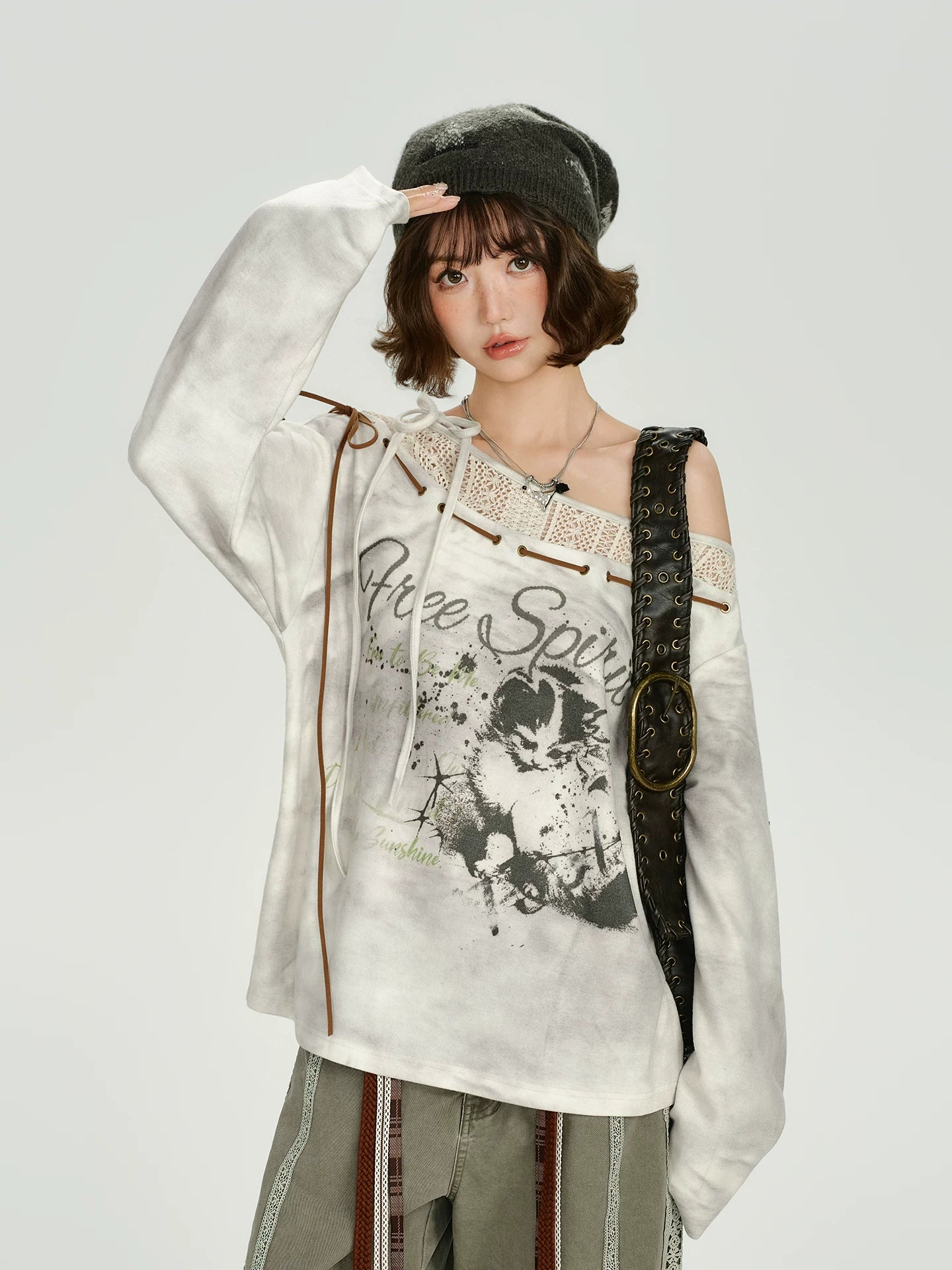 Girlyhalo Vintage Print Splicing Loose Long Sleeves