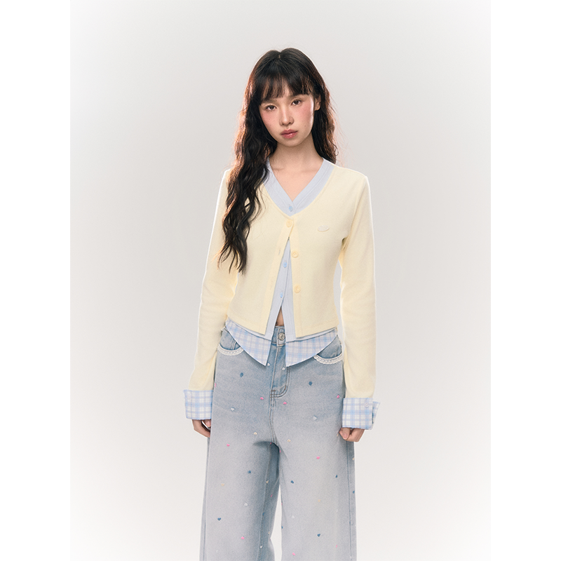 Umoumo Fake Three-piece Knitted Spliced Slim-fit Cardigan