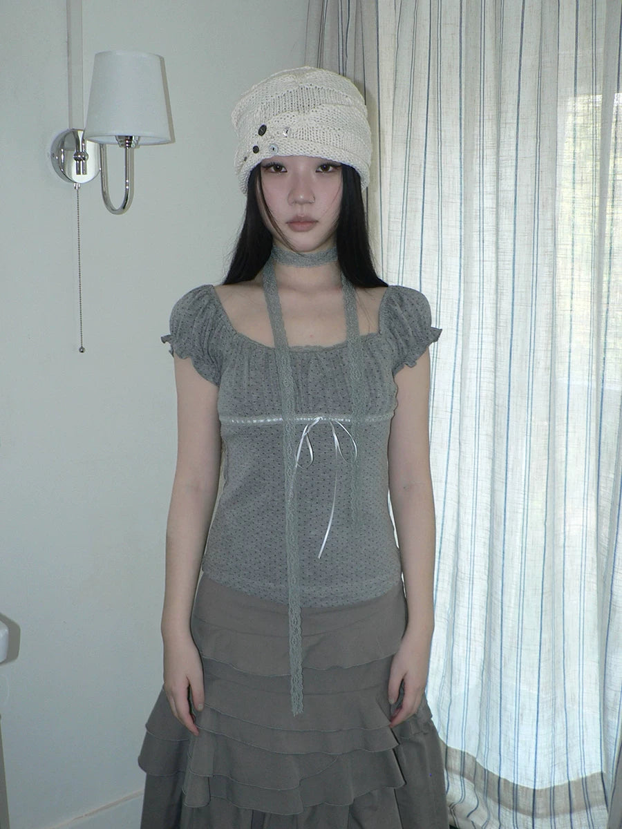 Ang: Project Polka Dot Square Neck Pleated Lace Edge Tee