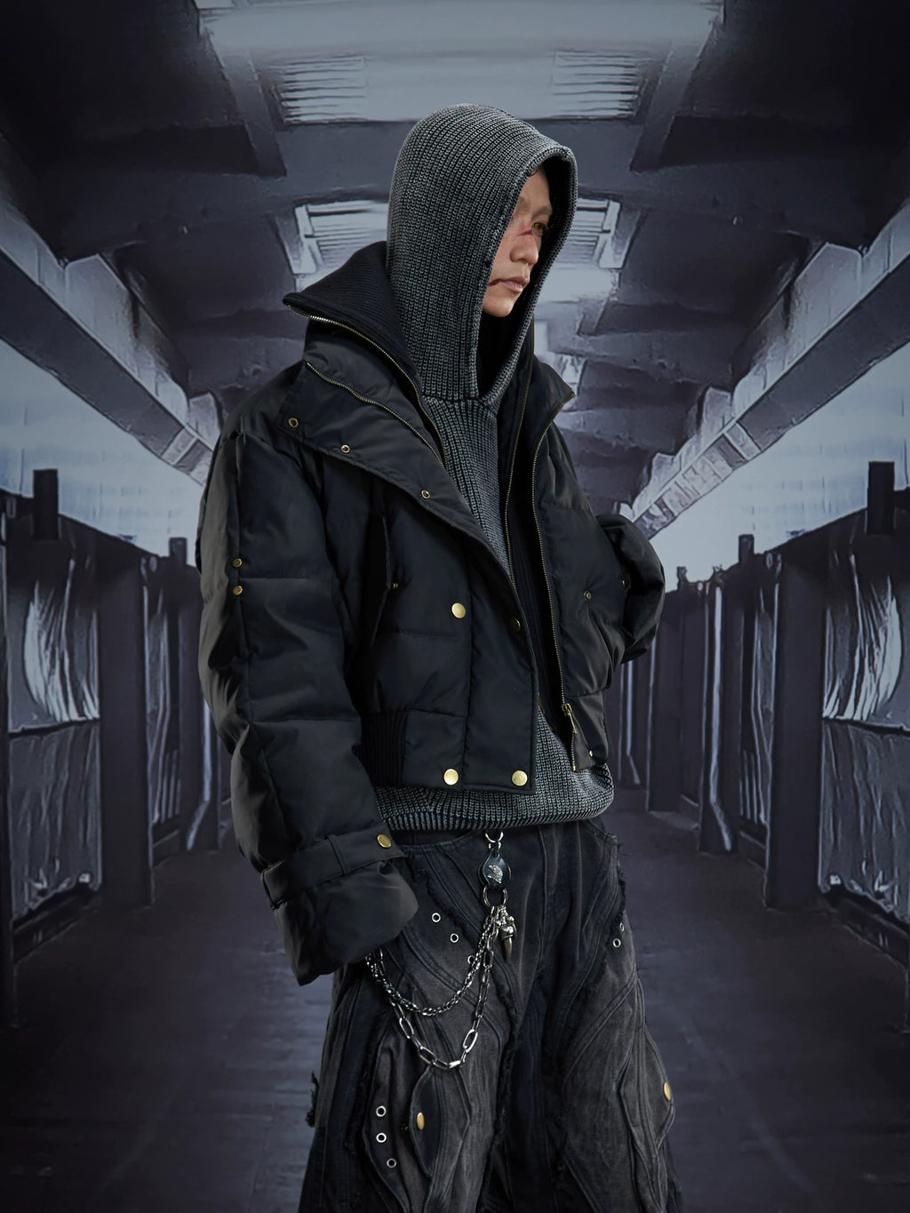 NOMANIAI Overweight Work Double Neck PU Leather Zipper Button Cotton Jacket