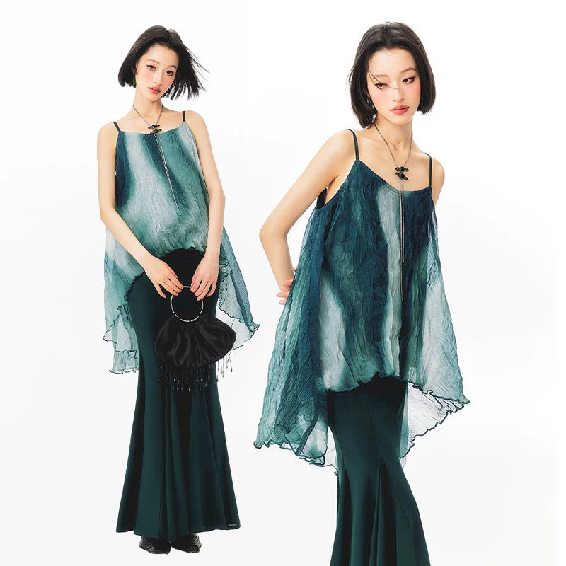 YEDM Tie-dye Gradual Change Suspender Fishtail Skirt Set