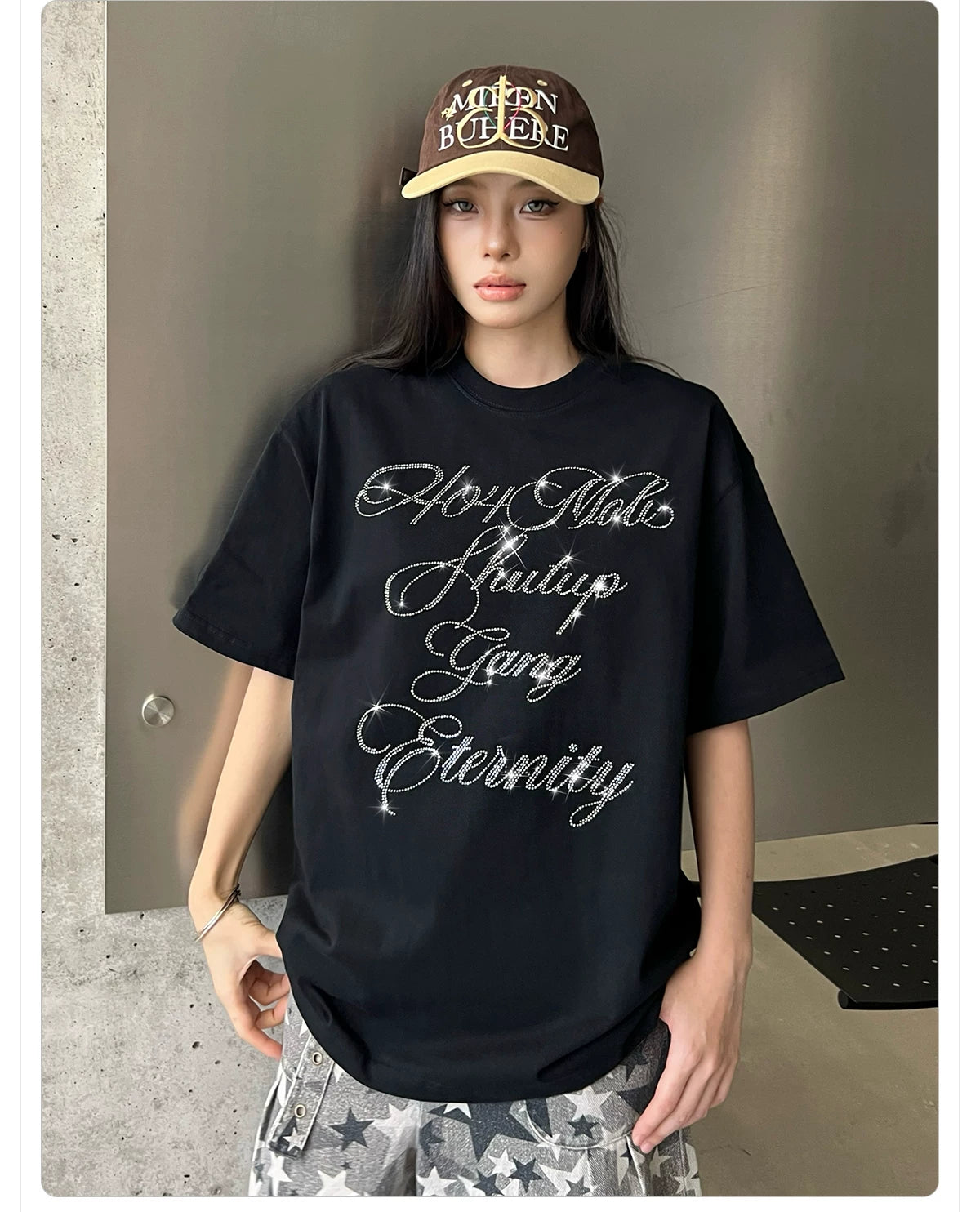 404MOB Alphabet Hot Diamond Loose Casual Tee
