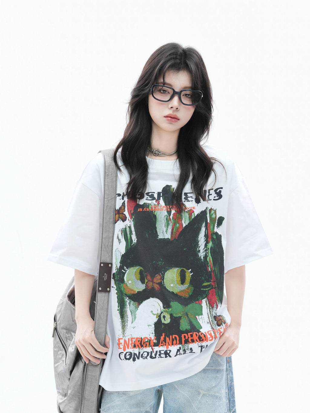 Zuocisankon Oversize Cute Cat Graffiti Print Tee
