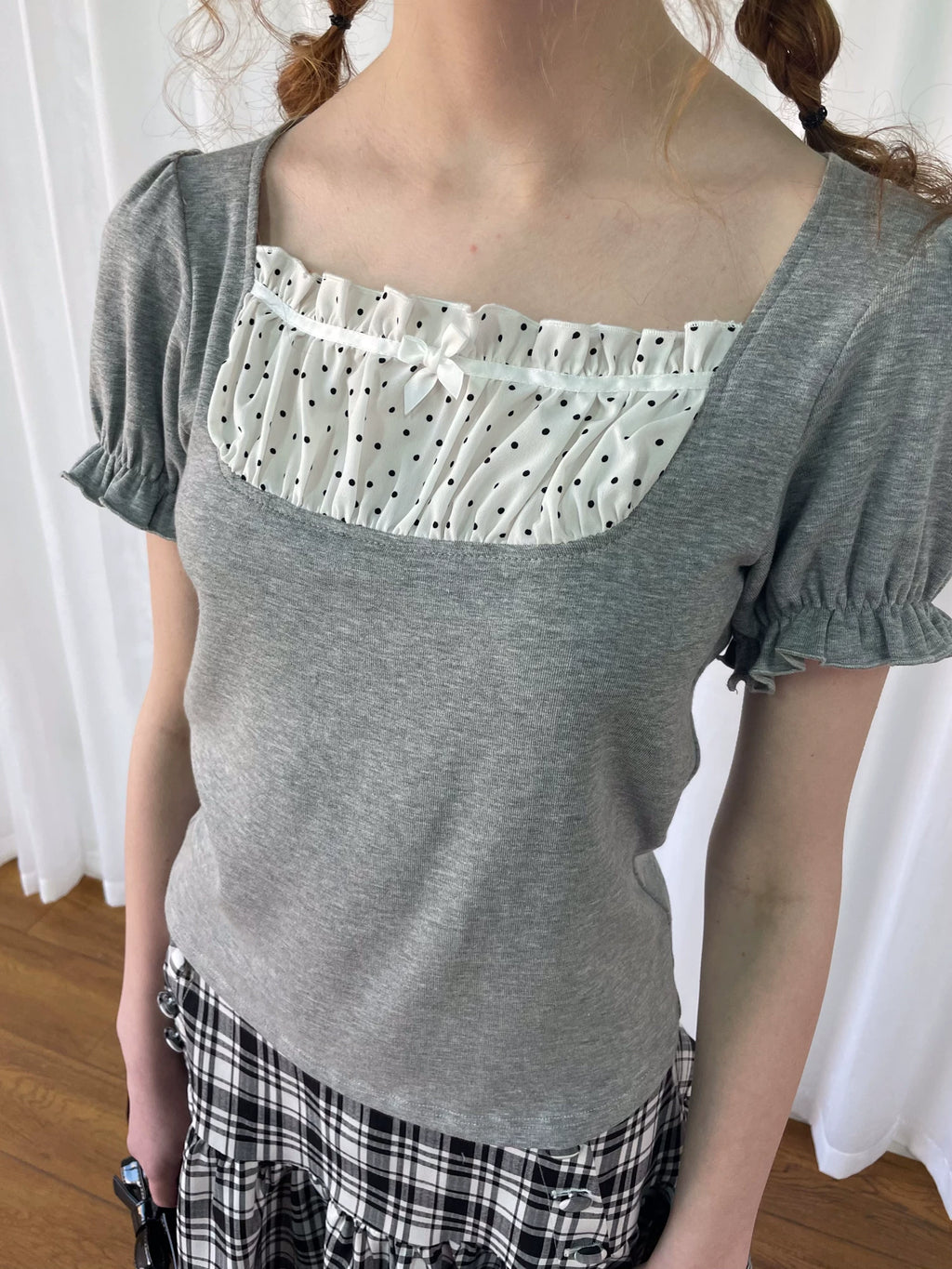 Loosesmell Splicing Polka Dot Small Bow Casual Tee