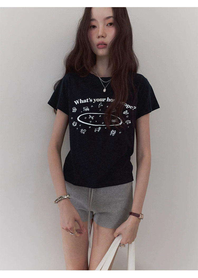 VOOE Crew Neck Letter Print Front Shoulder Versatile Tee