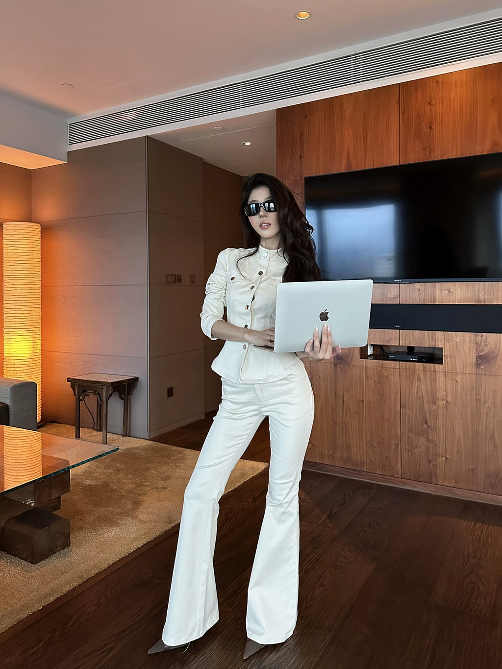 LLROGE Tooling Wind Stand-up Collar Long-sleeved Low-rise Micro-pull Pants Set