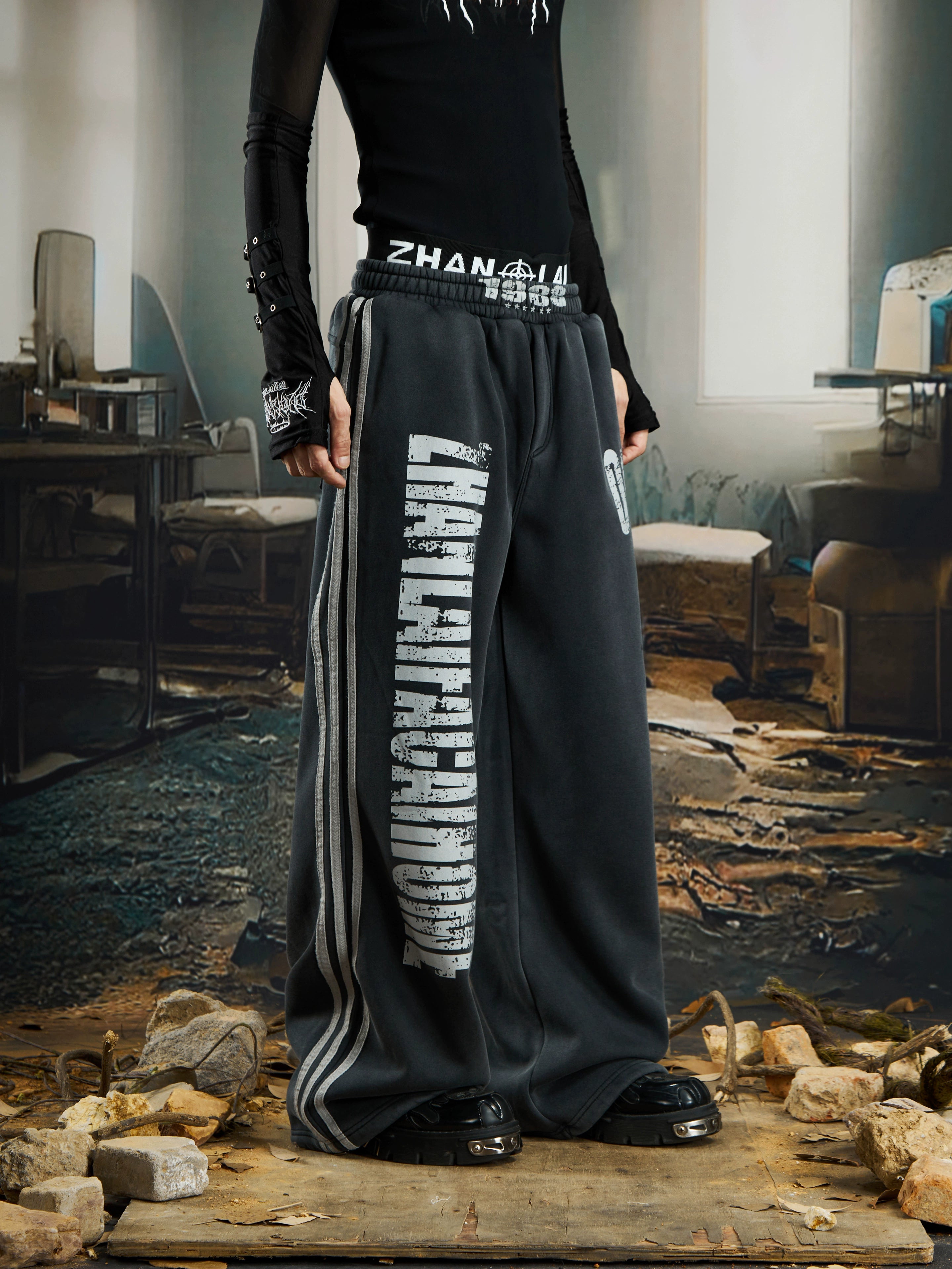 NOMANIAI Dirty Dyed Mottled Print Loose Striped Sweatpants