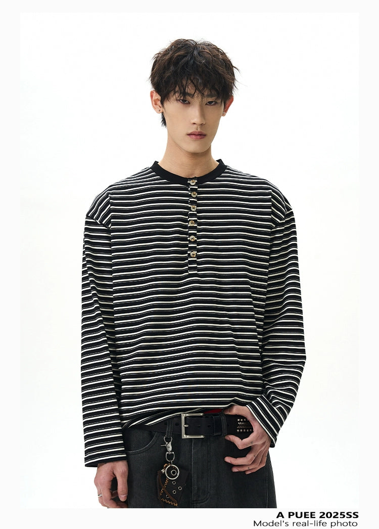 A PUEE Vintage Henry Collar Striped Long Sleeve