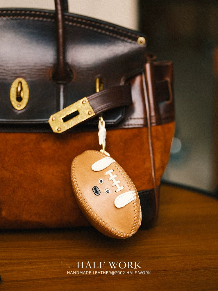 HALF WORK first layer cowhide key bag, genuine leather retro handmade football bag, earphone bag, key bag.