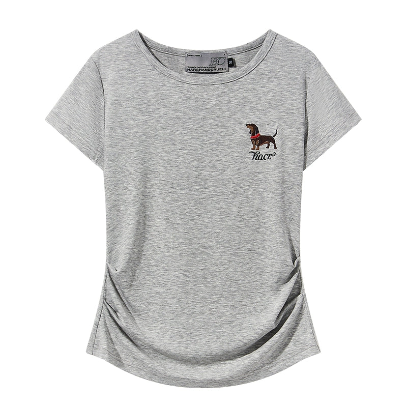 HACR Stretch Knit Embroidered Puppy Front Shoulder Tee