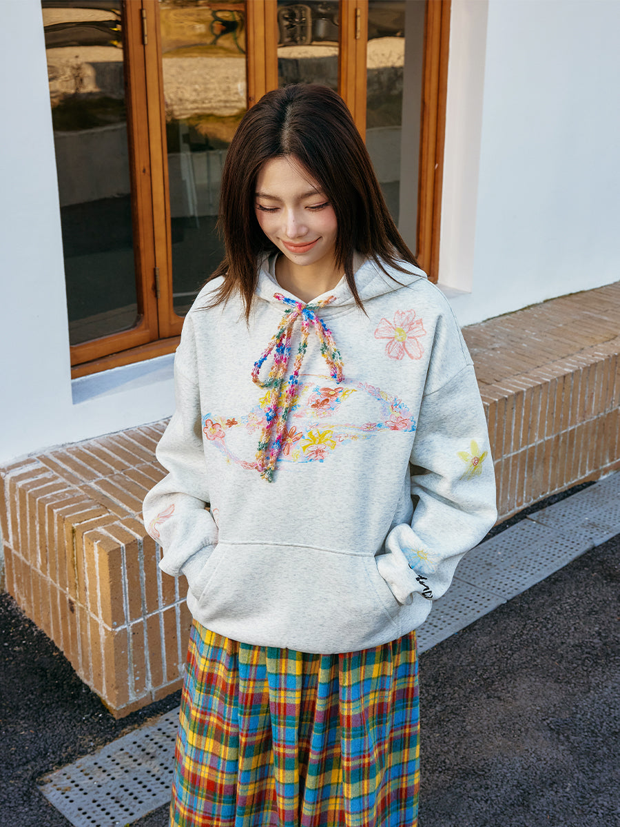 Harshandcruel crayon flower colored plush drawstring sweater