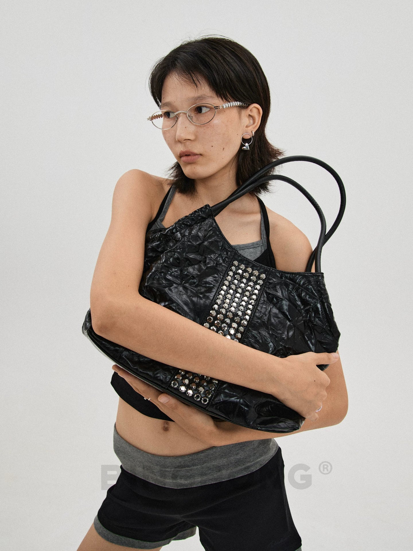 BINGBONG Pleated Drill Large Capacity Shoulder Bag