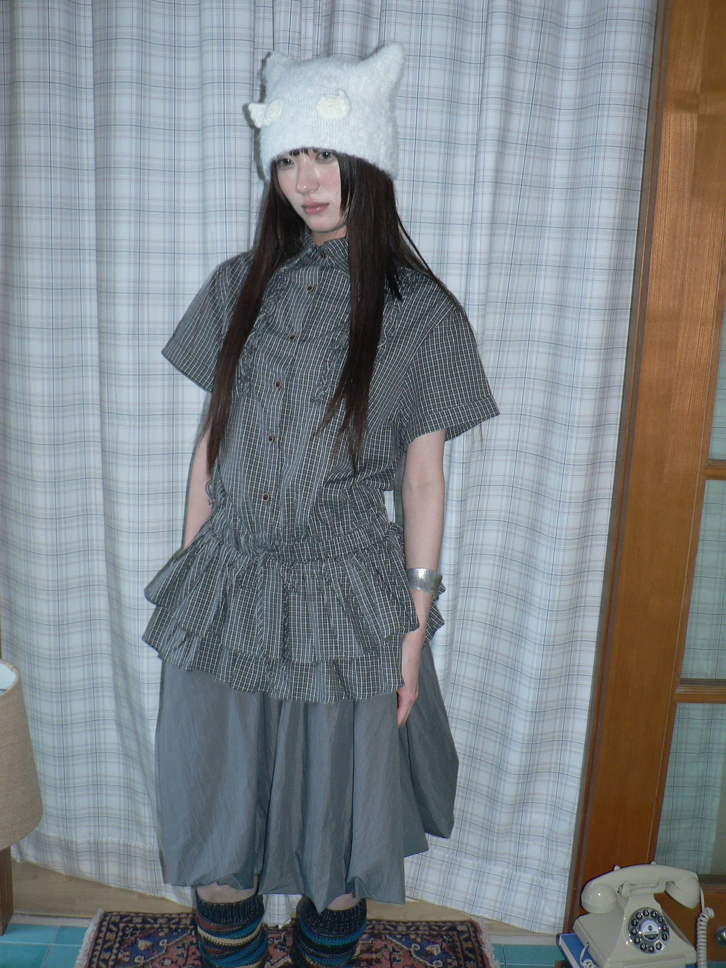 ANG: Project Plaid Fungus Edge Splicing Double-layer Waist Thin Shirt