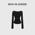 RICH IN CHEESE Swing Neck Knitted Waist Pleated Long Sleeves