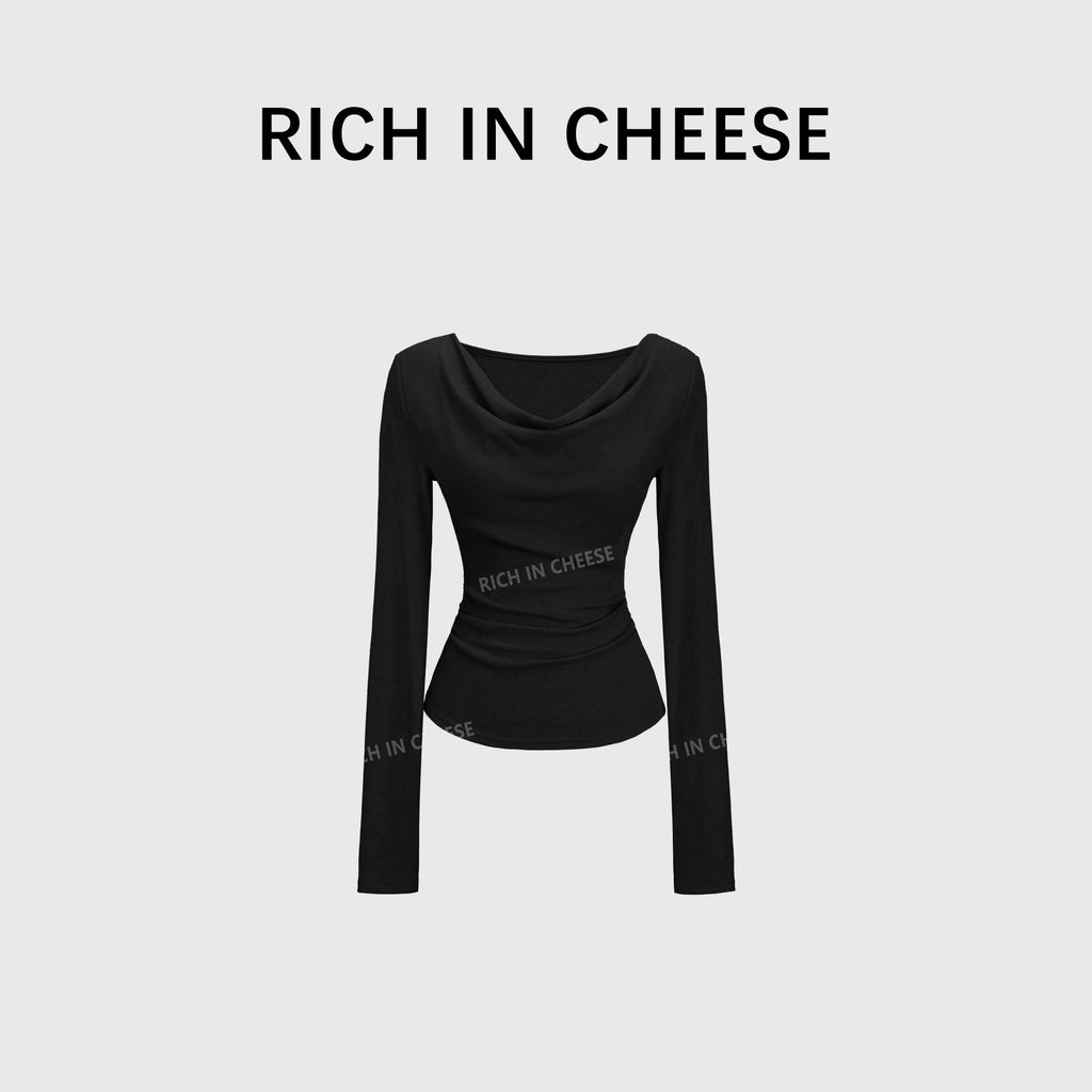 RICH IN CHEESE Pure Desire Swing Neck Knitted Waist Pleated Long Sleeves