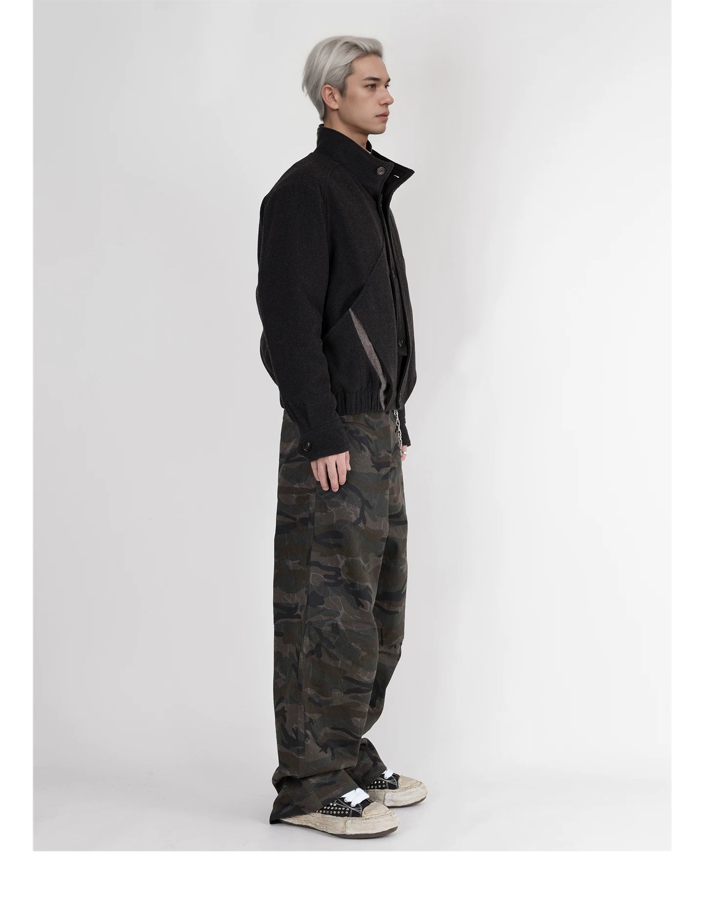 PERDU Double Placket Deconstruction Wool Splicing Stand-up Collar Color Matching Cotton Clothes