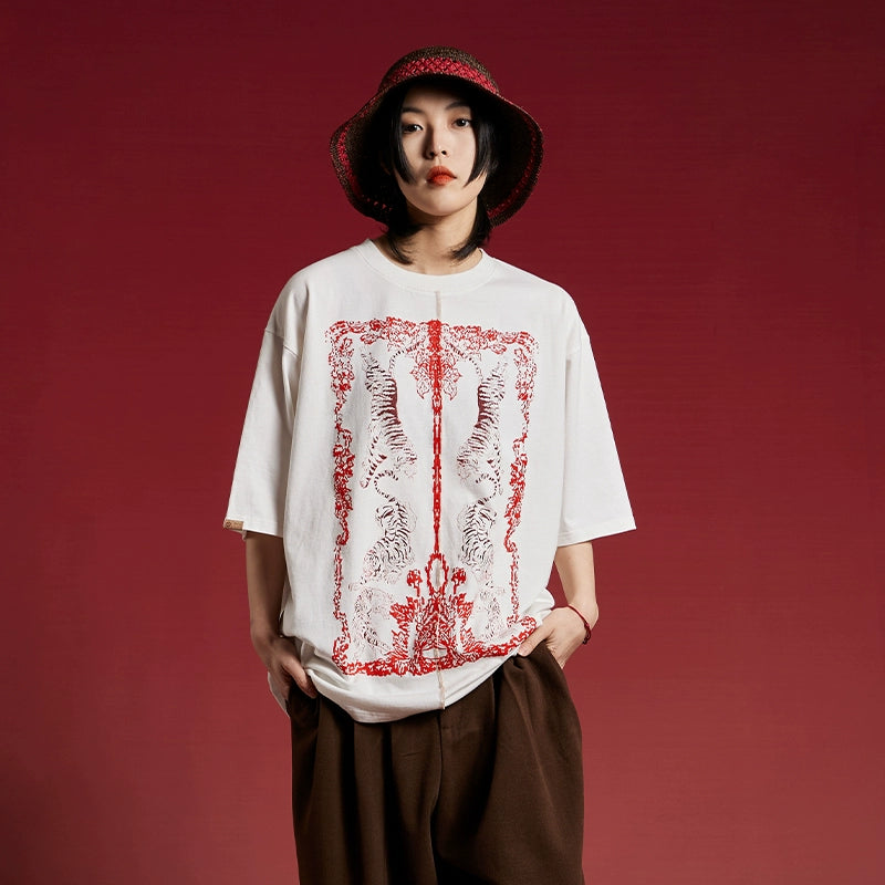 Officill Stitching Loose Round Neck Retro Tee