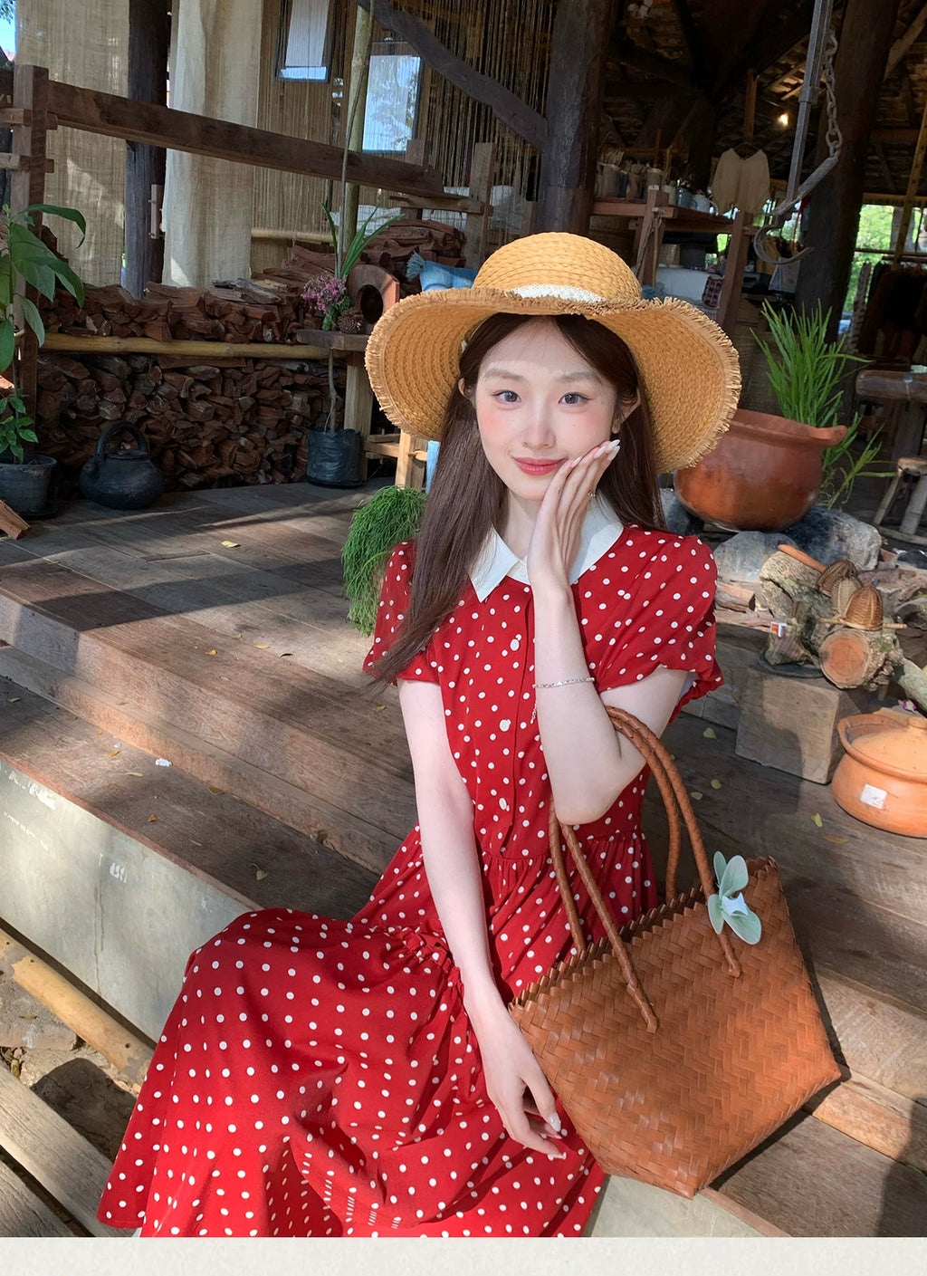 MUCHA Lapel Waist Thin Polka Dot Dress
