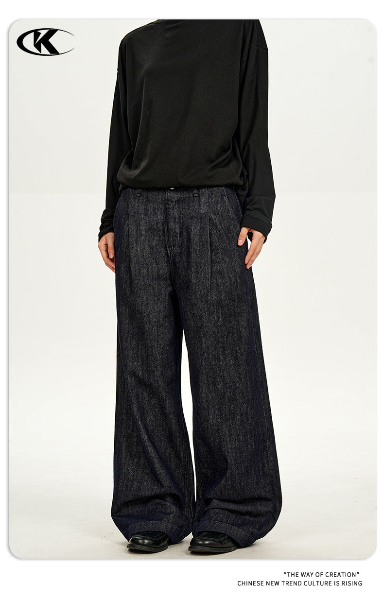 11KN Retro Simple Straight Double Pleated Loose Wide-leg Pants