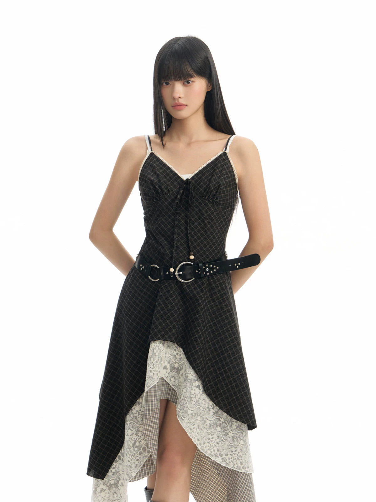 TGNS Checked Lace Stitching Dress