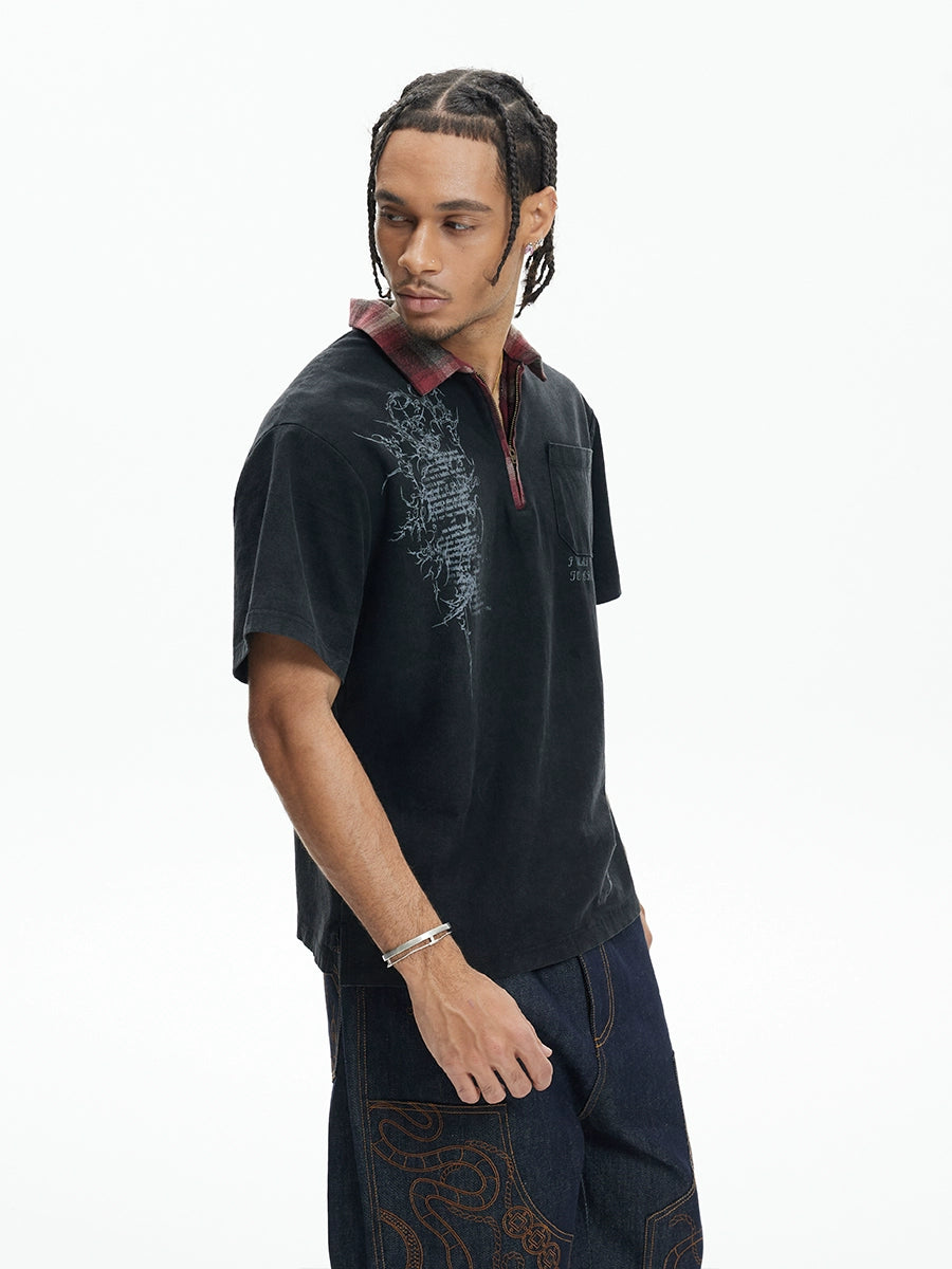 DND4DES Retro Washing Water To Make Old Plaid Lapel Polo Shirt