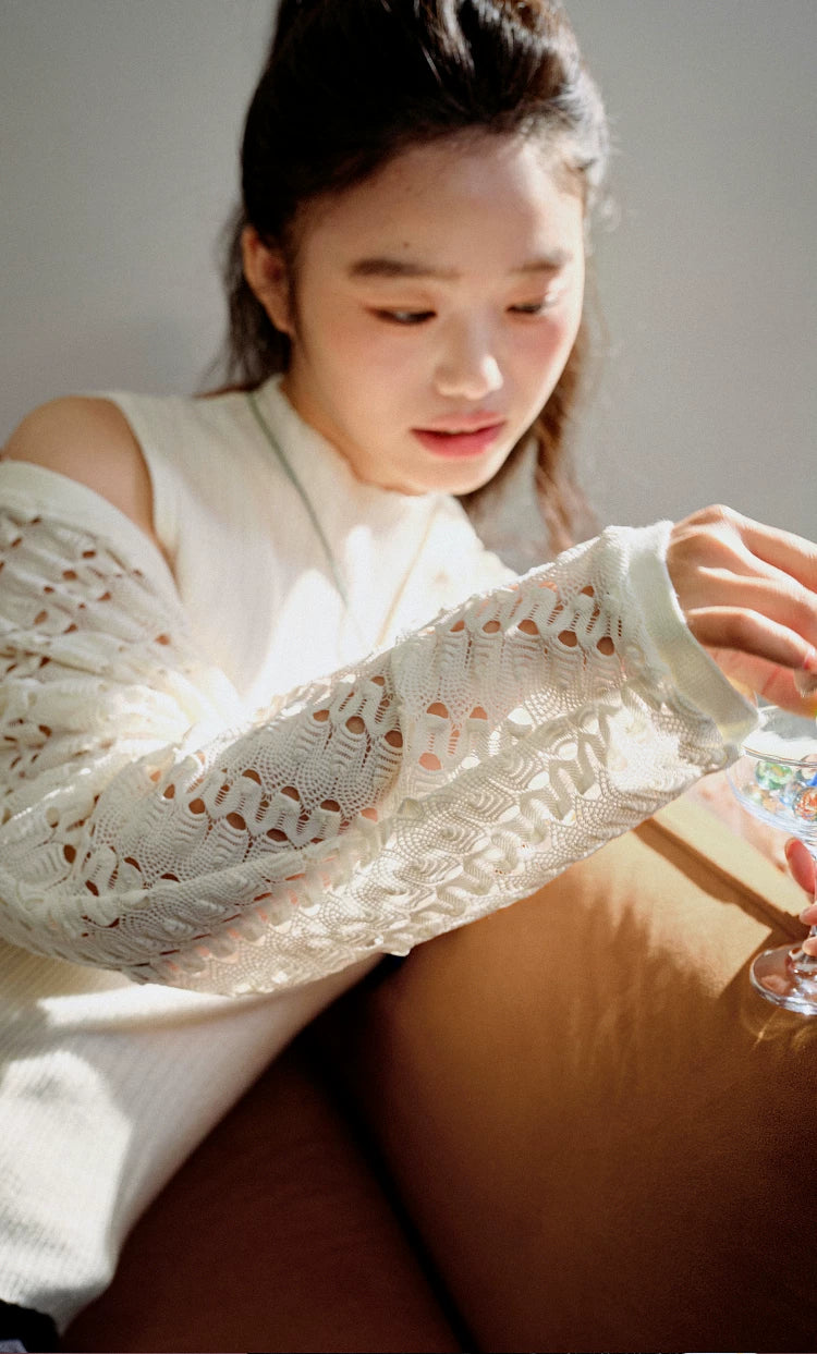Kuose Lace Hollow Blouse Suspender Knitted Set