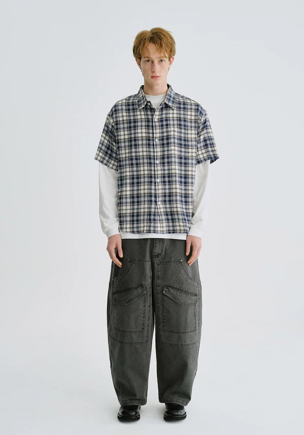 LIVINGTOWN Simple and Versatile Color-blocked Plaid Short-sleeve Shirt