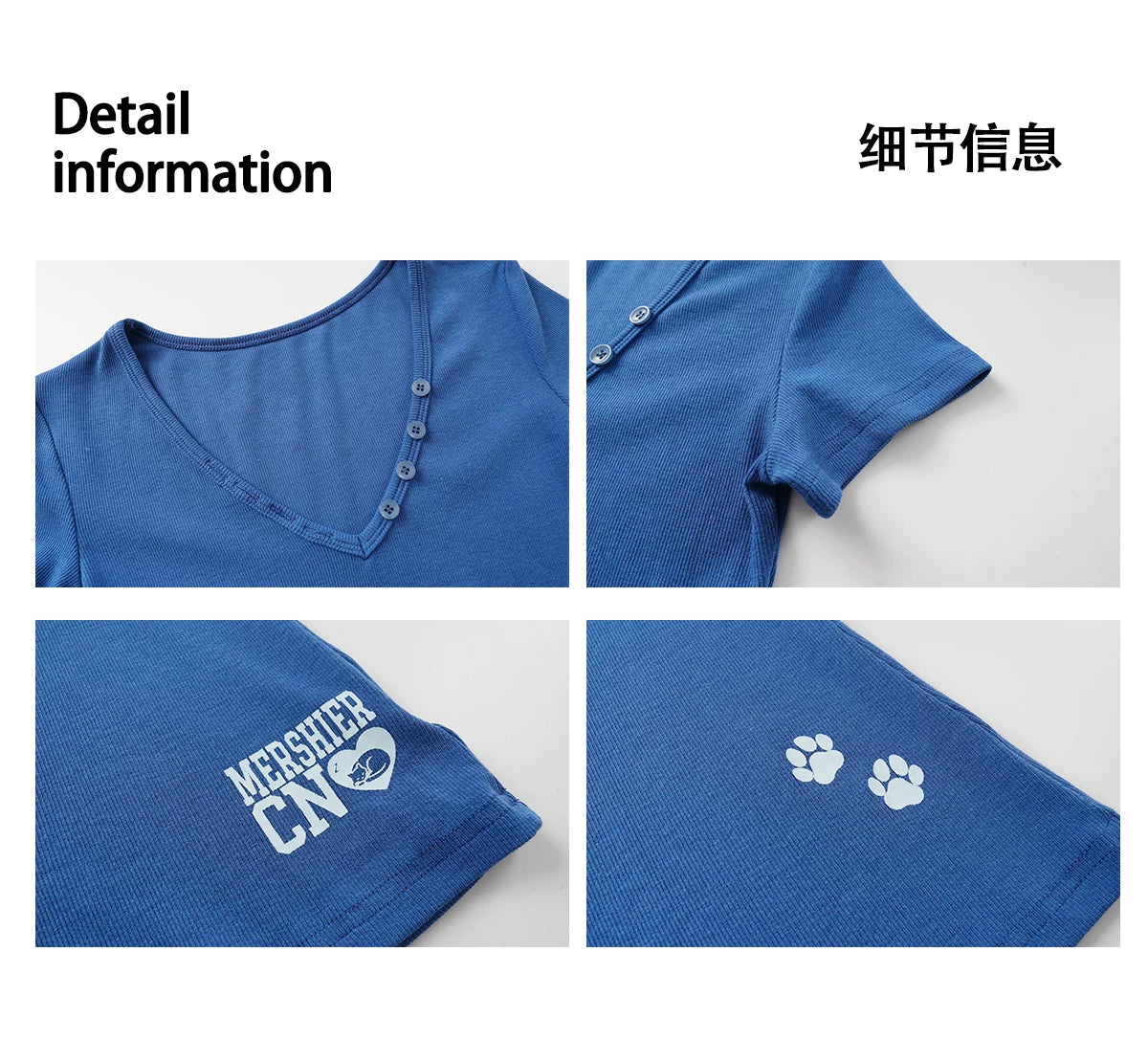 EAHO V-neck Button Letter Print Slim Tee