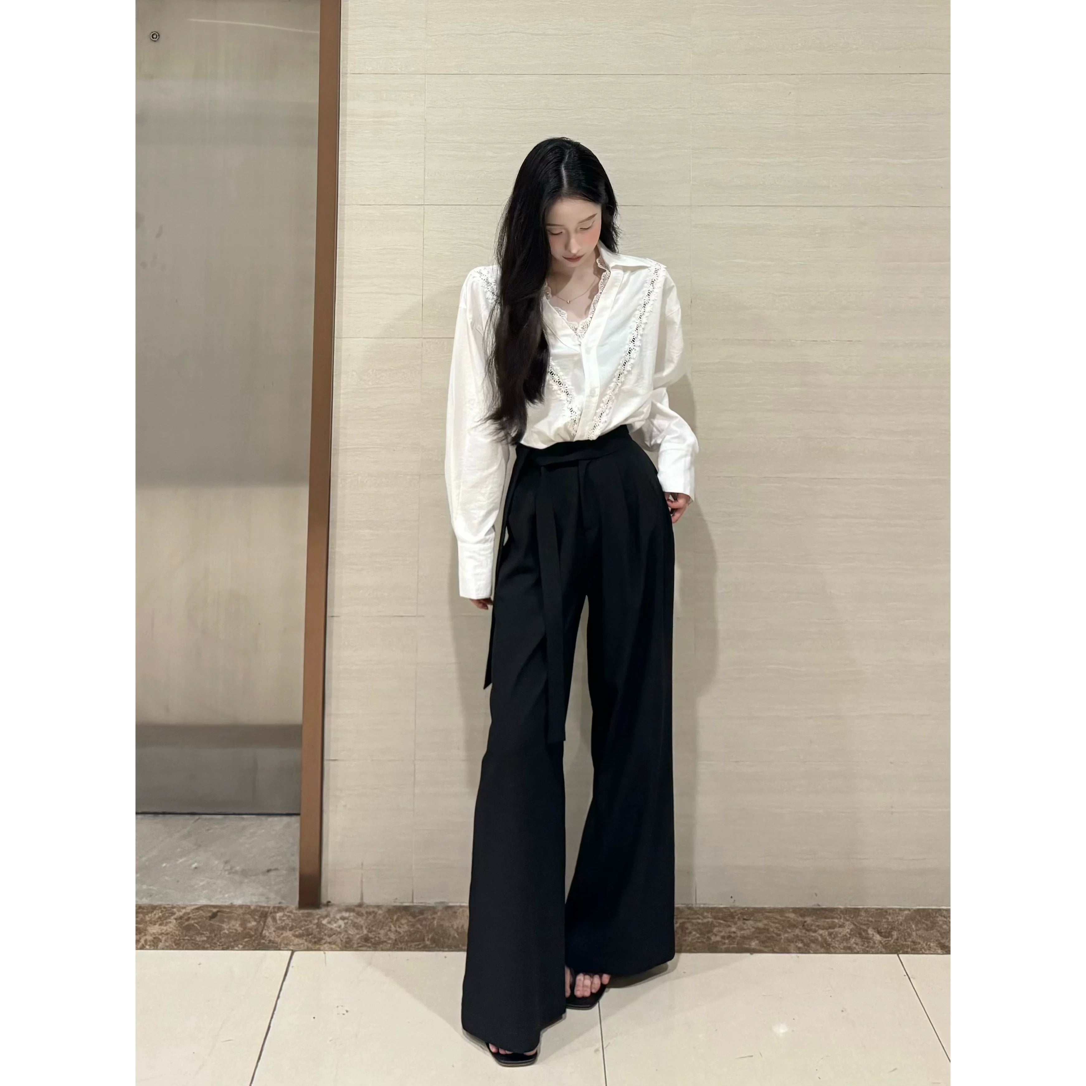 PANPANSTUDIO Simple Linen Old Money Style Shirt Wide Leg Pants Set