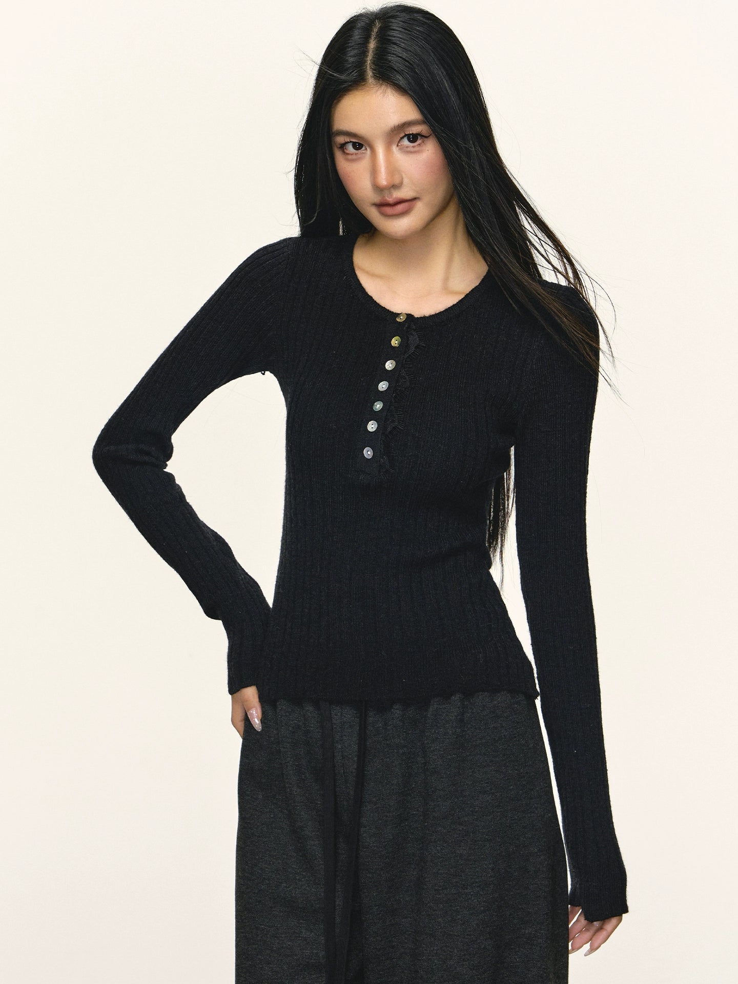 Anna Aneae Henry Collar Knitted Inner Bottom Slim Sleeve