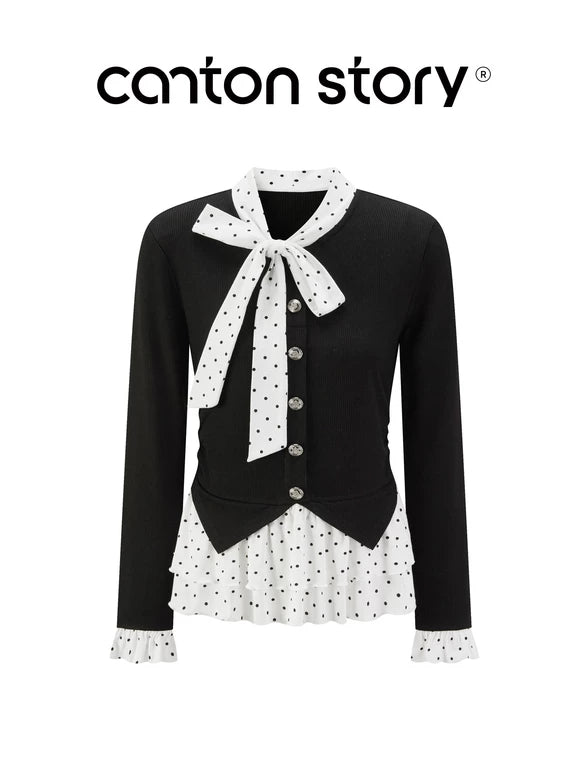 Cantonstory Polka Dot Fake Two Long Sleeves