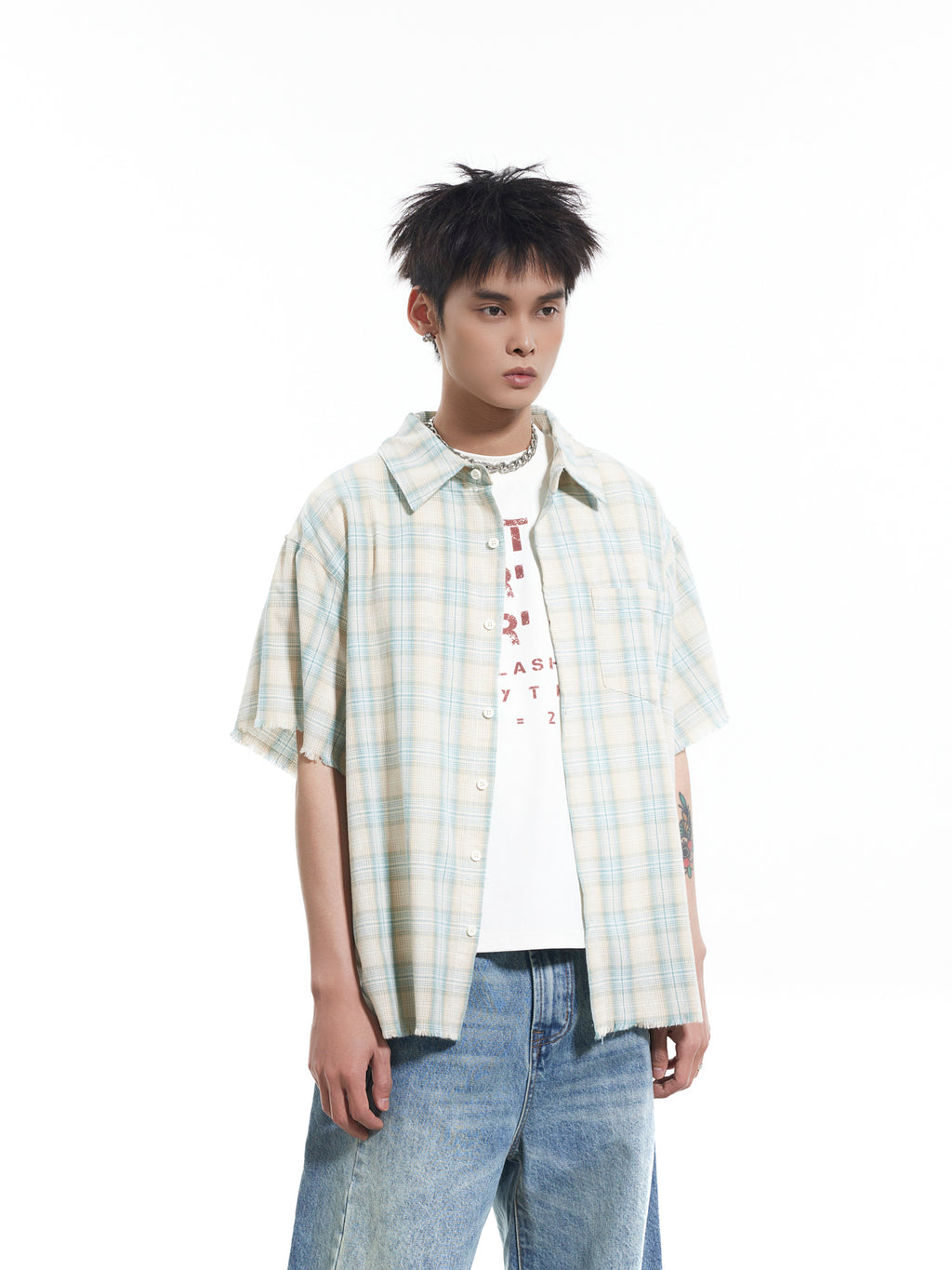 BTSG polished plaid burr short-sleeved shirt