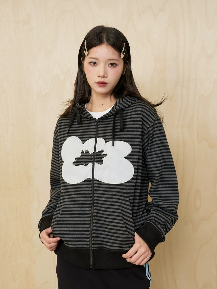 MoodLikeMe Striped Flower Patch Embroidered Hooded Sweater